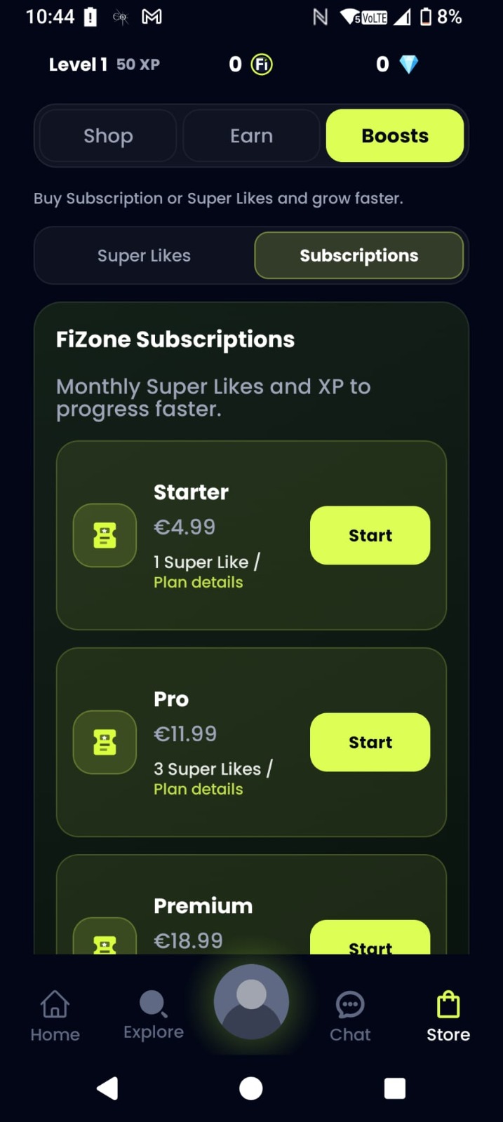 Fizone aplikacija prikaz pretplata