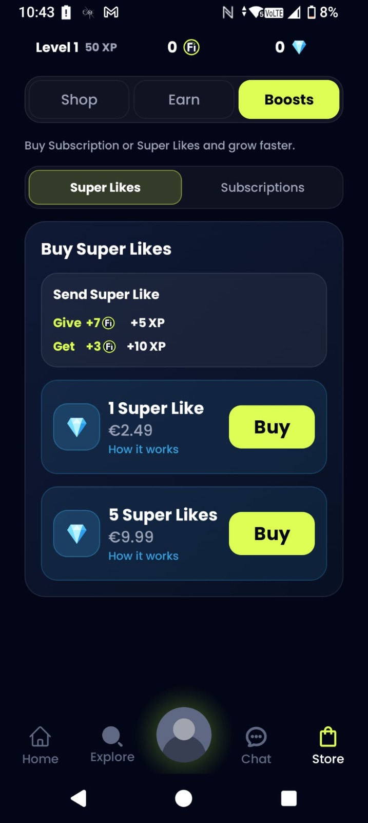 Fizone aplikacija prikaz Super Likes funkcije