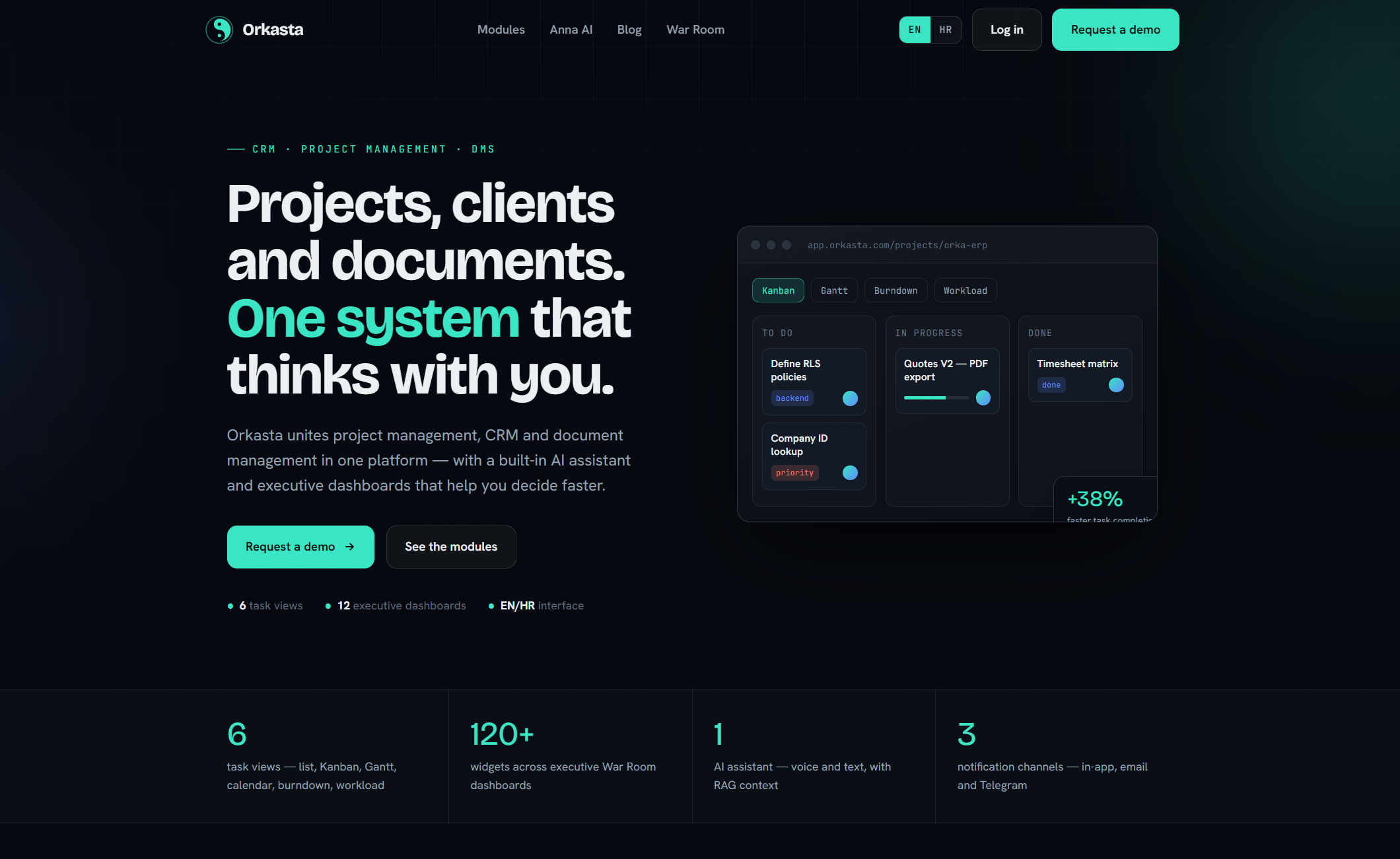 Orkasta web hero za CRM, projekte i dokumente